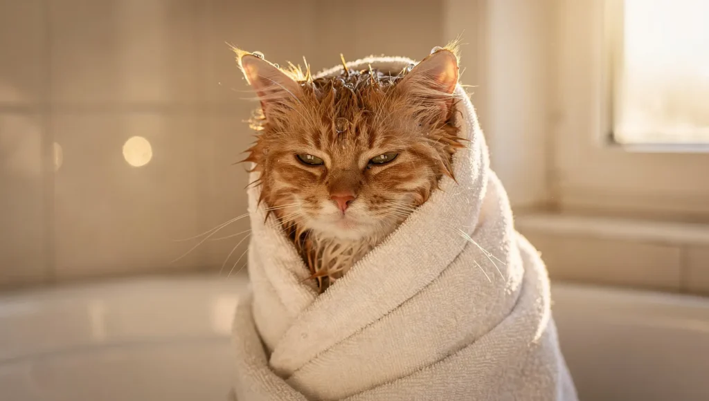 Wet cat wrapped in a cozy towel after bath