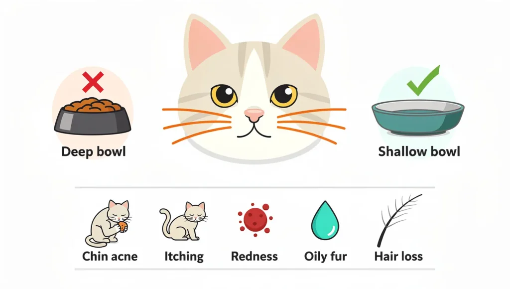 Whisker fatigue in cats infographic showing signs, causes, and fixes