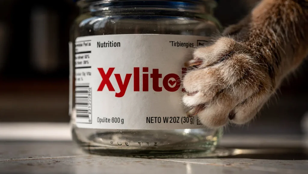 Cat cautiously stepping away from a chocolate bar on a kitchen counter