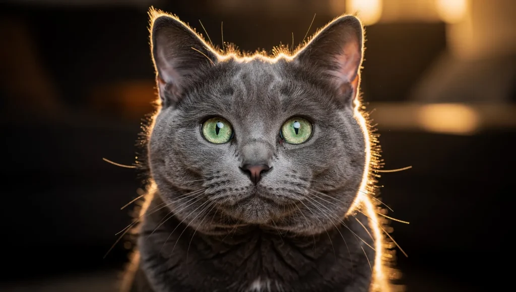 Close-up portrait of an American Shorthair cat with bright green eyes