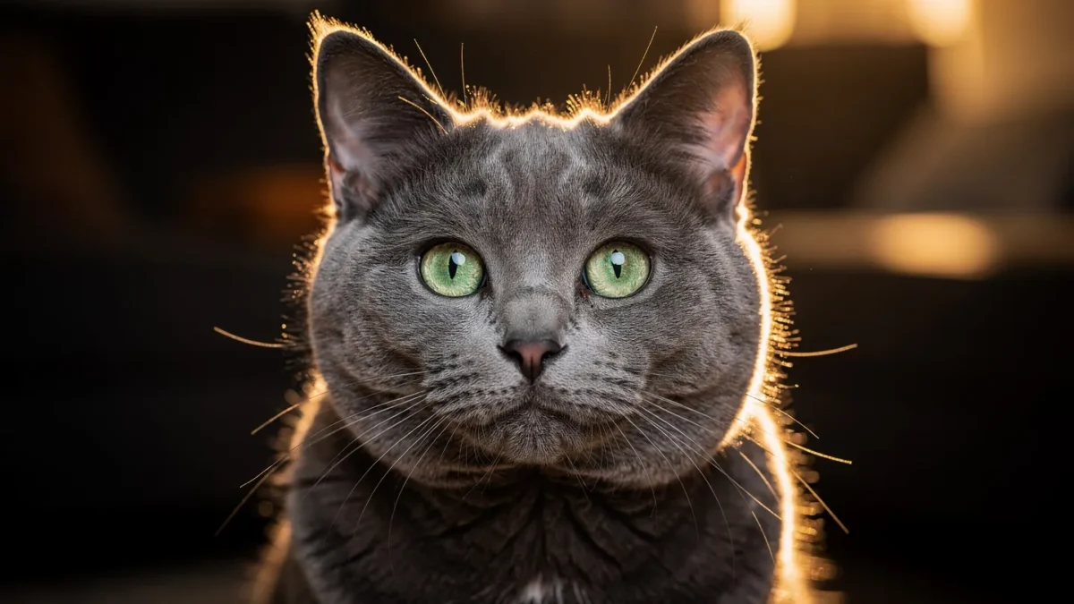 Close-up portrait of an American Shorthair cat with bright green eyes
