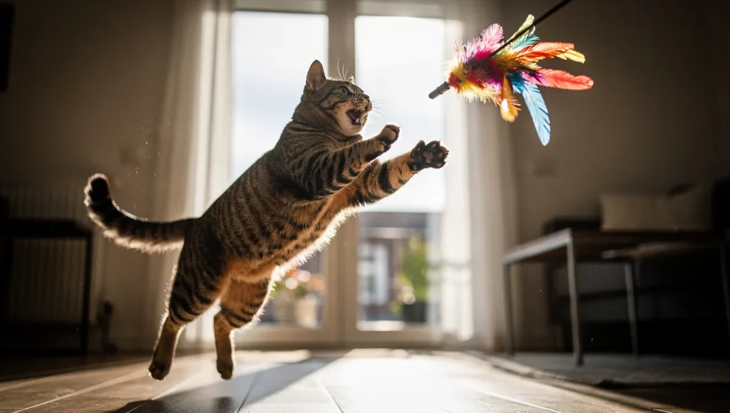 American Shorthair cat jumping to catch a feather toy