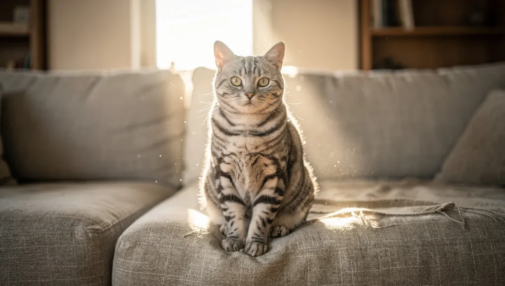 Classic silver tabby American Shorthair cat sitting in a sunbeam