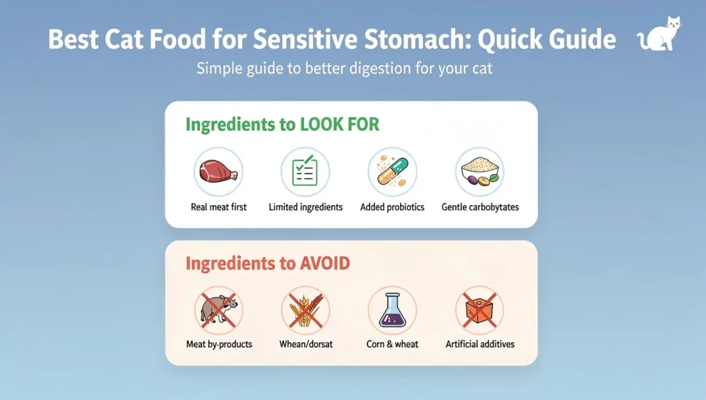 Complete infographic guide showing best cat food for sensitive stomach with top ingredients to look for and avoid