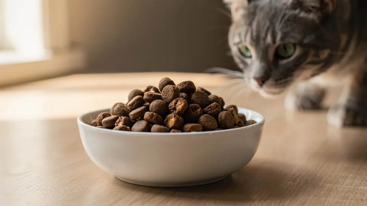 Cat with sensitive stomach looking uncomfortable and refusing food in bowl