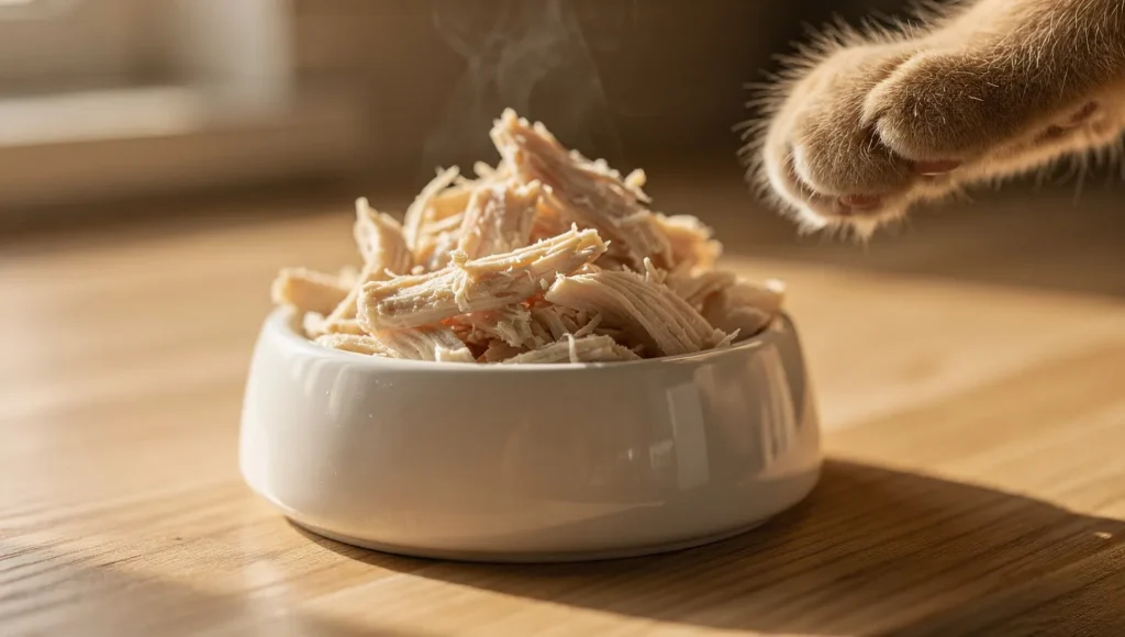 Plain boiled chicken in a cat bowl for cat with diarrhea