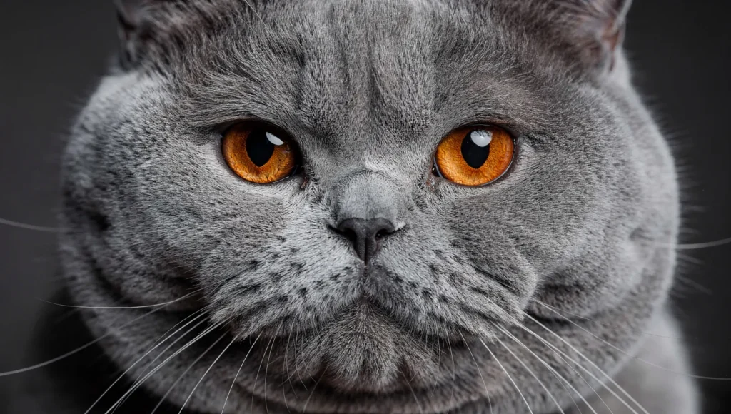 British Shorthair cat round face and copper eyes