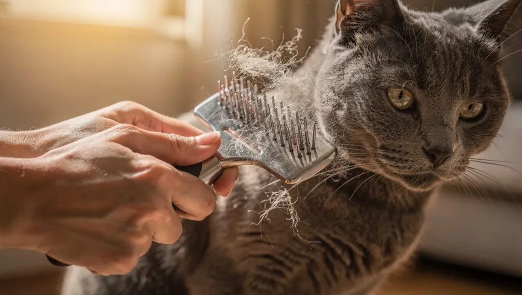 Professional grooming and brushing a gray cat