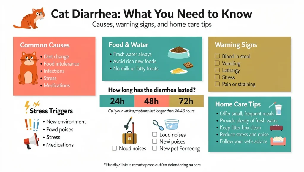 Cat diarrhea causes timeline and warning signs infographic