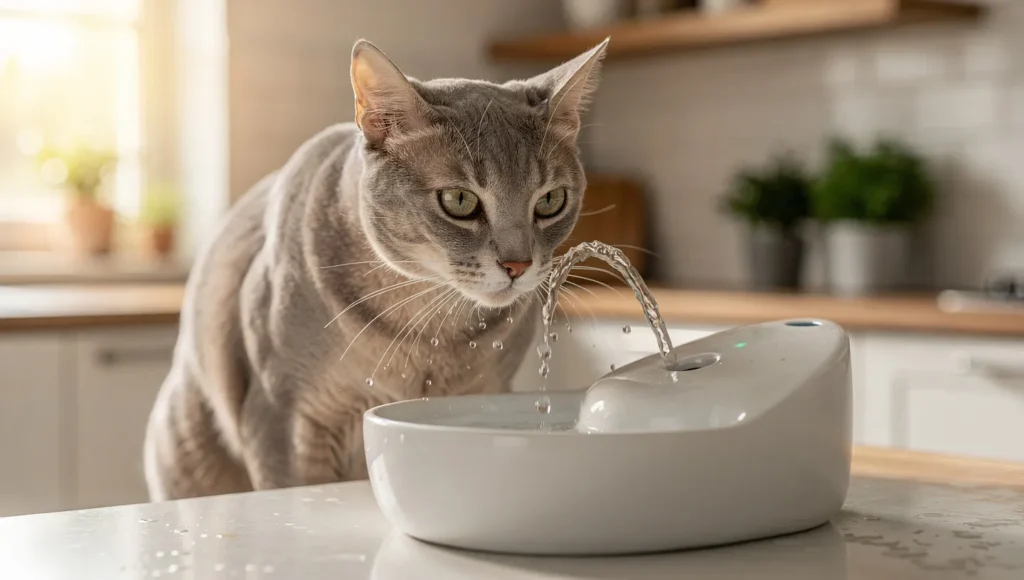 Healthy cat drinking from water fountain for UTI prevention