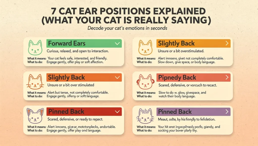 Cat ear position meaning infographic showing 6 main positions with labels