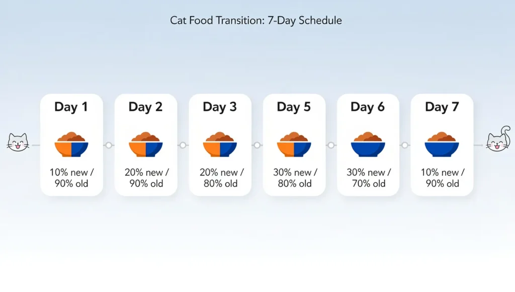 Visual 7-day schedule showing how to transition cat to new food for sensitive stomach safely