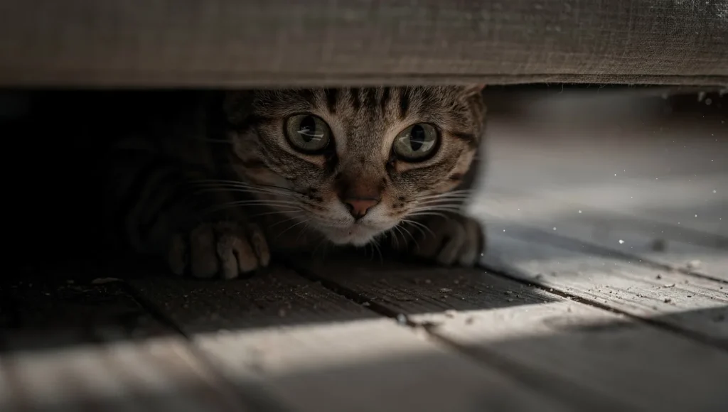 Scared cat hiding under bed on first night at new home