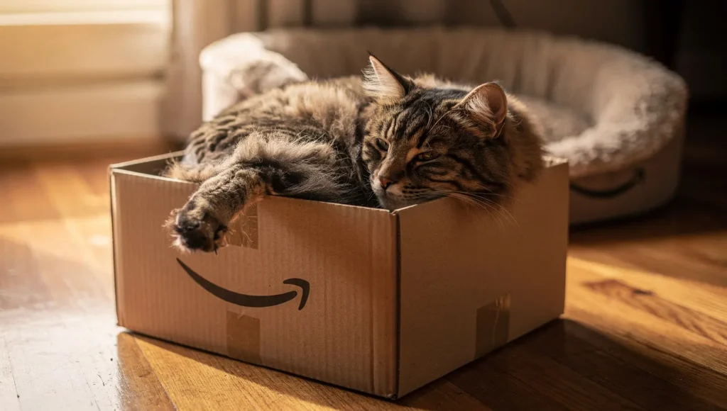 Cat sleeping in cardboard box instead of expensive cat bed