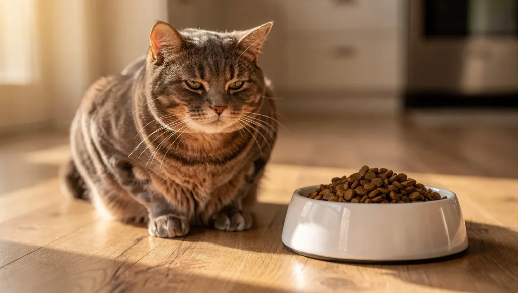 Cat sitting in front of untouched food bowl looking away