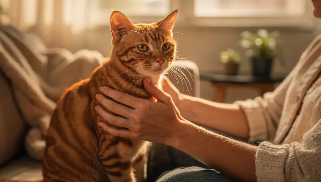 Cat showing mixed signals with ears back while purring on owner's lap