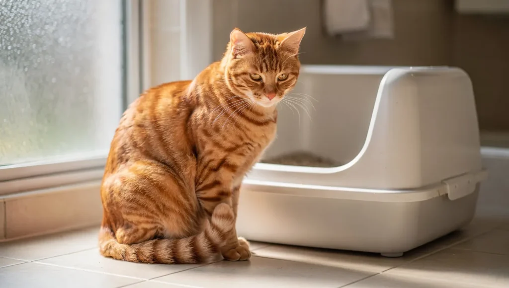 Cat sitting near litter box looking uncomfortable