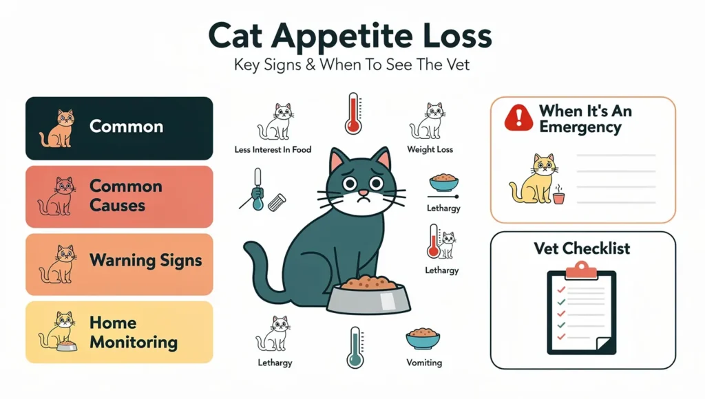 Cat not eating causes and warning signs infographic