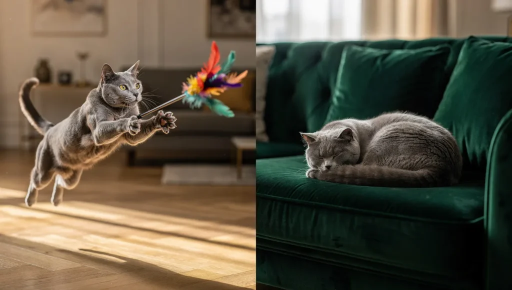 Russian Blue playing with toy vs British Shorthair relaxing on sofa