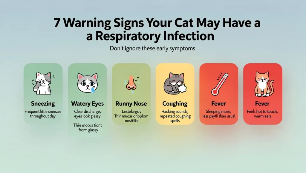 Cat respiratory infection symptoms infographic showing 7 warning signs
