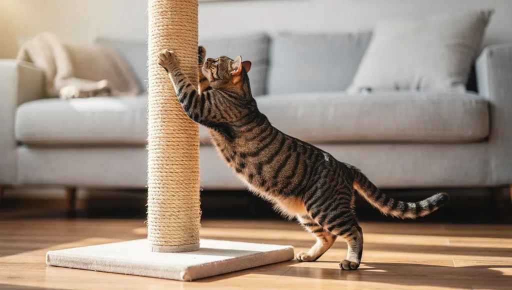 Cat using scratching post instead of sofa