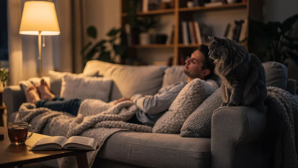 Human and cat slow blinking together