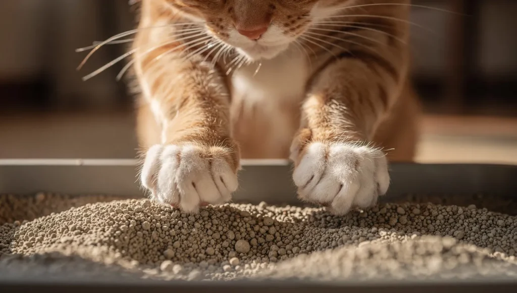 Close-up of cat looking at litter box with concern