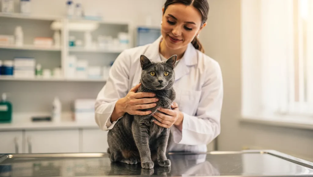 Cat at vet examination calm and well-lit clinical setting 
