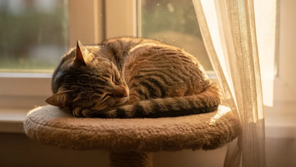 Cat sleeping on window perch in warm sunlight