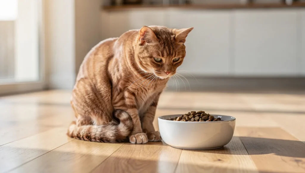 Cat with sensitive stomach looking uncomfortable and refusing food in bowl