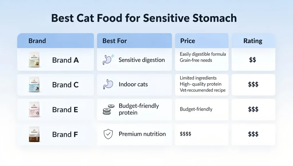 Comparison table showing top 7 cat foods for sensitive stomach with prices features and ratings