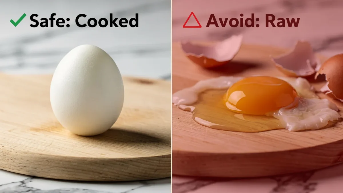 Cooked boiled egg vs raw cracked egg side by side for cat feeding comparison