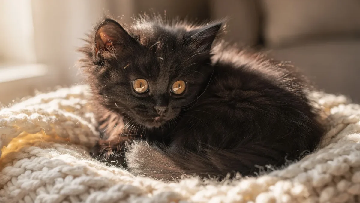 Cute fluffy black kitten with bright eyes on cozy blanket