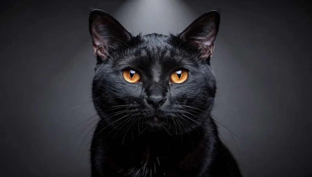 Dramatic black cat with striking copper eyes in cinematic lighting