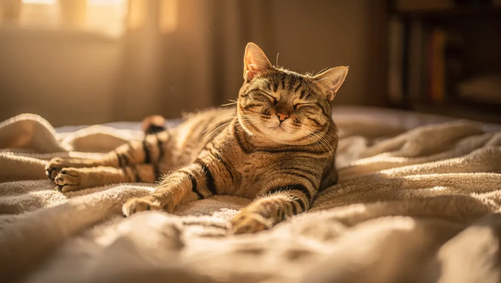Recovered healthy cat resting peacefully at home