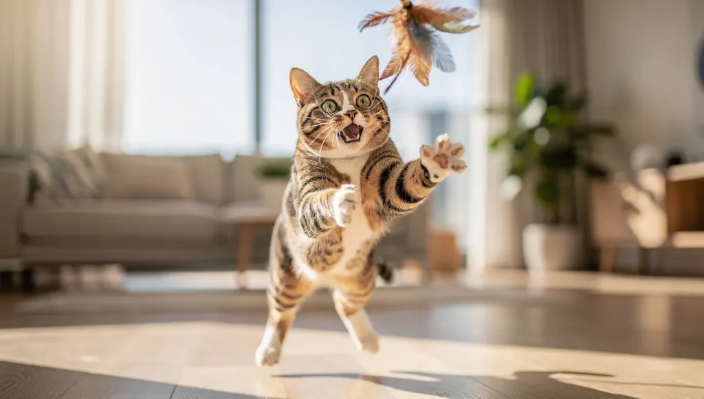 Healthy cat playing after recovering from respiratory infection