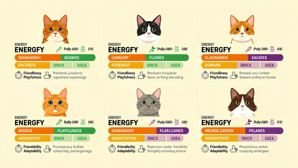 Best Cat Breeds for Apartments: Infographic showing 7 best cat breeds for apartments with energy noise and maintenance scores