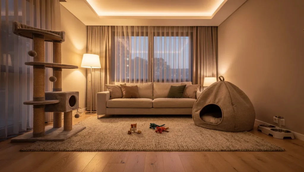 New kitten home setup with toys and bed