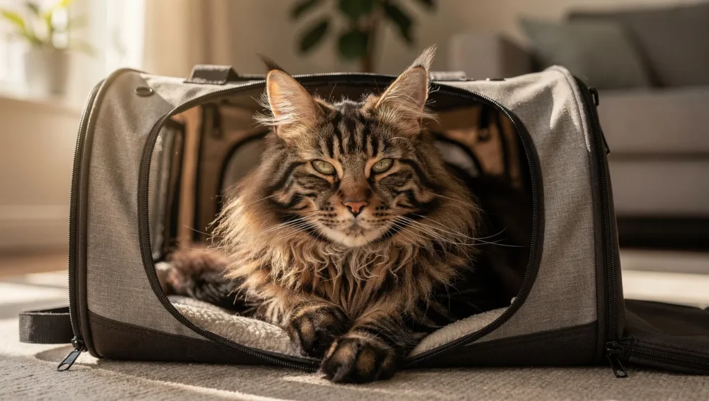 Large Maine Coon cat in spacious travel carrier