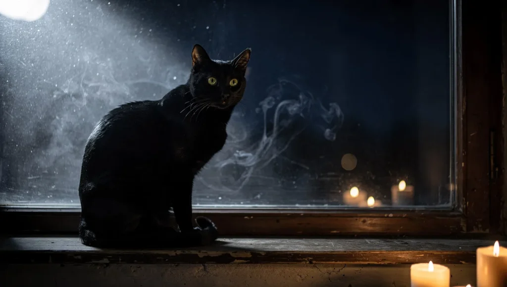 Mystical black cat sitting by window at night with moonlight