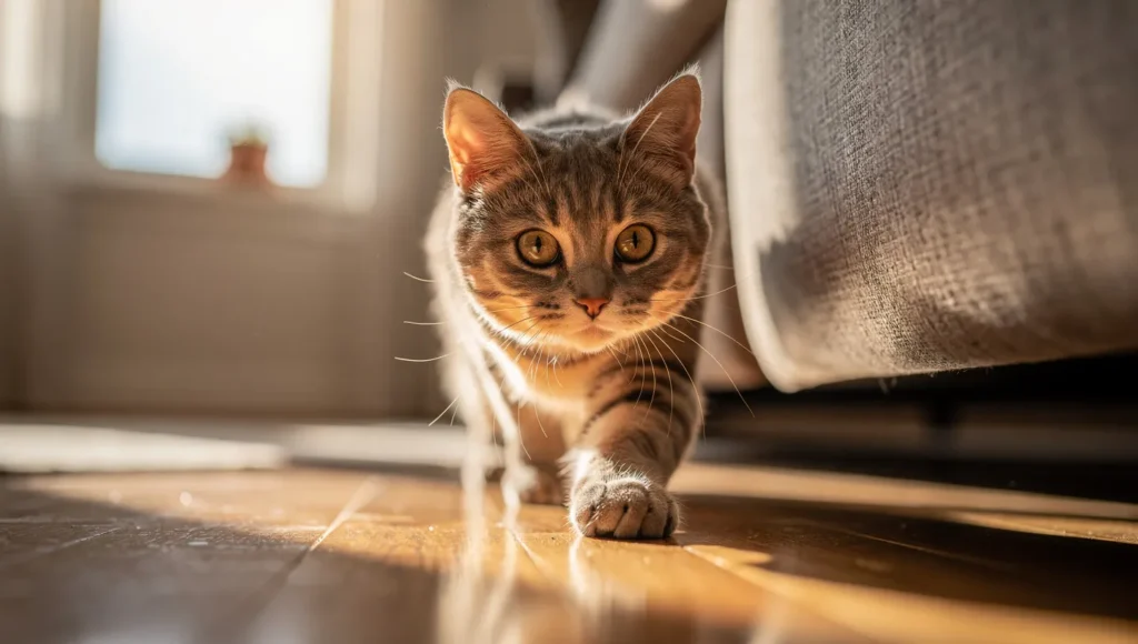 New cat slowly exploring home after first night