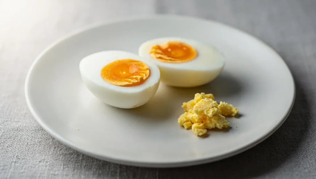 Plain boiled egg cut in half on a simple plate safe treat for cats
