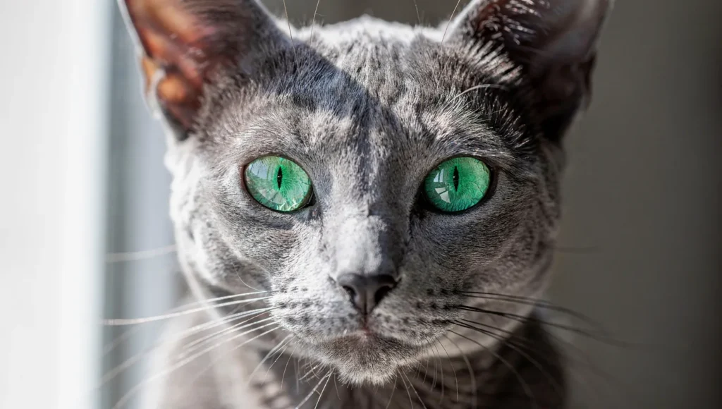 Russian Blue cat emerald green eyes close-up