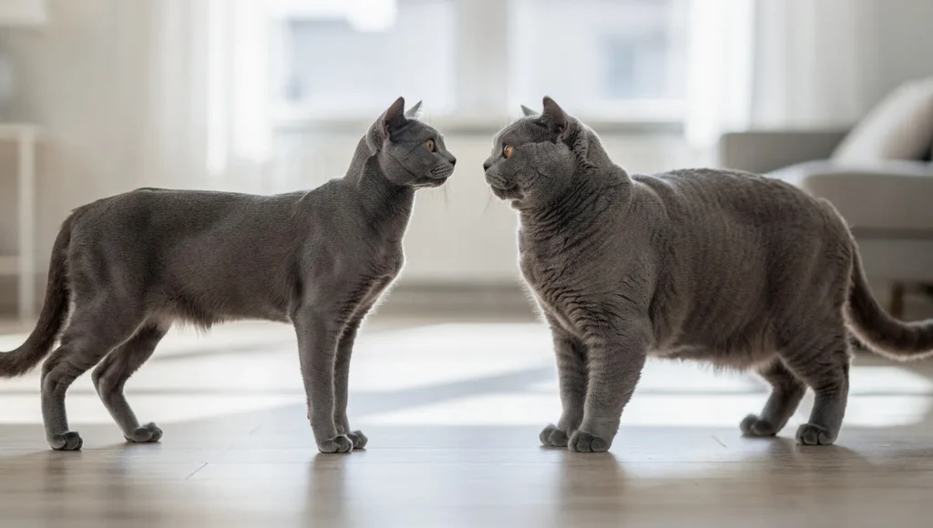 Russian Blue vs British Shorthair physical build and silhouette comparison