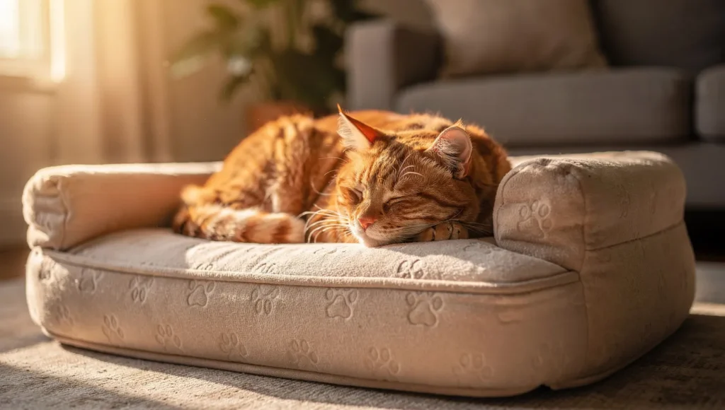 Senior cat resting on orthopedic memory foam cat bed