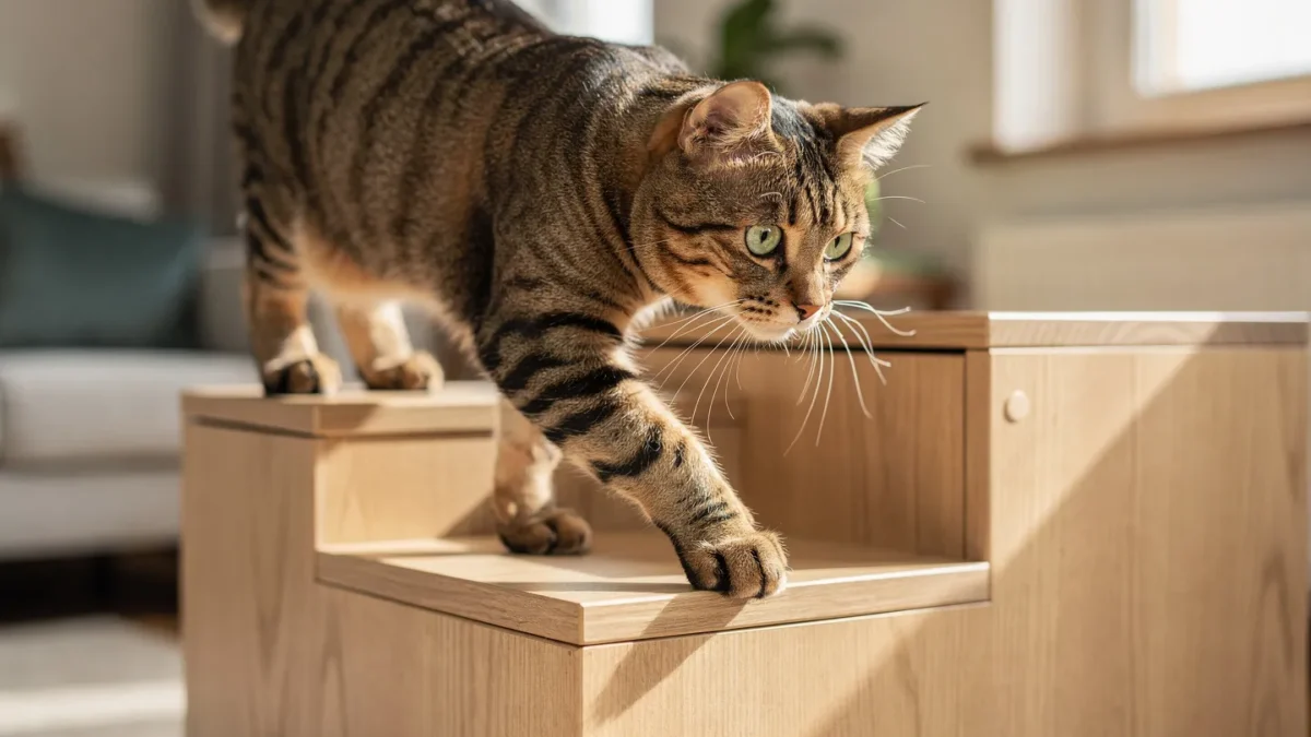 Senior tabby cat using wooden pet stairs beside sofa