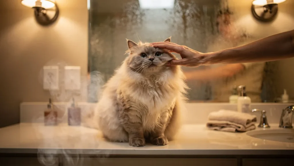 Cat receiving steam therapy for respiratory infection in bathroom