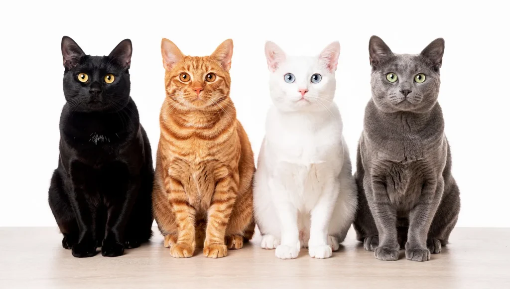 Four cats black orange white and gray representing cat names by color