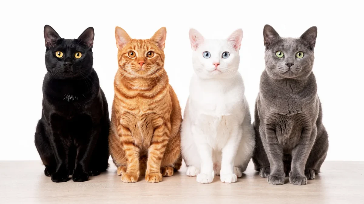 Four cats black orange white and gray representing cat names by color