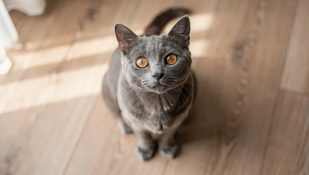 Curious gray cat looking up, perfect for gender-neutral cat names 